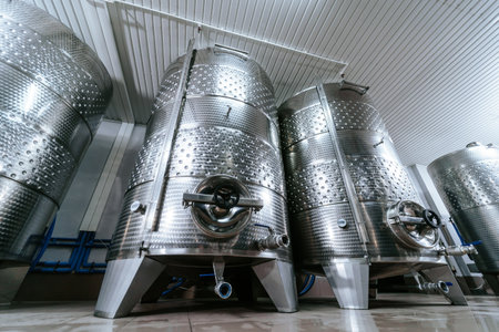 Stainless Steel Wine Fermentation Tanks in Winery