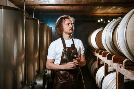 Winemaker Inspecting Red Wine in Cellarの写真素材