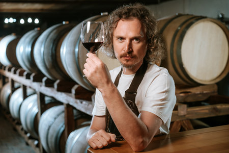 Winemaker Inspecting Red Wine in Cellarの写真素材