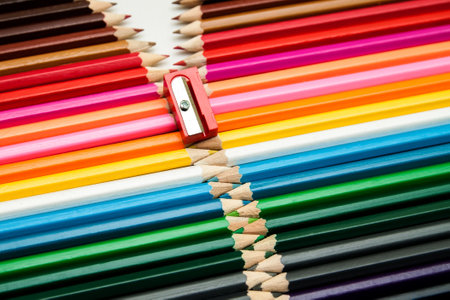 Colored pencils and sharpenerの写真素材