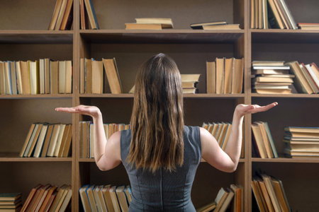 Female student chooses a book from a bookcase in the library