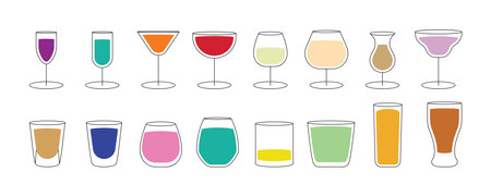 Set of colored glasses for cocktails on a white background. Vector illustrationのイラスト素材