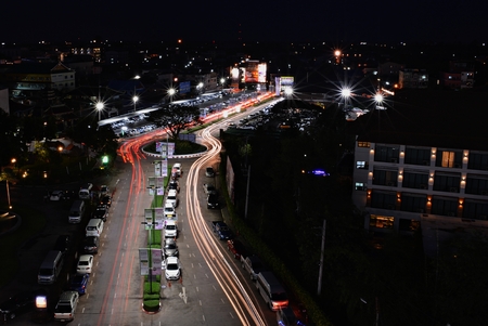 Muang Udon District Udon Thani Province, Thailand August / 5/2017   Traffic jam at night On a street in Udon Thani, Thailand.(Editorial)のeditorial素材