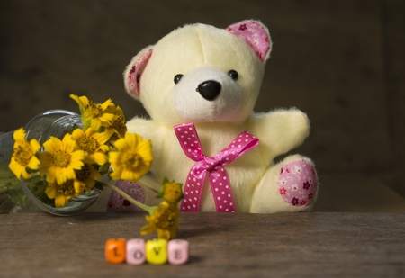 Teddy bear and grass flower on wooden floor, background blurredの写真素材