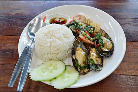 Fried rice with sea basil is another popular fast-food Thai menu.の写真素材