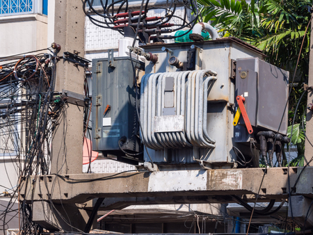Old Transformer on high power station. High voltage
