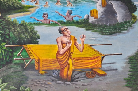 Traditional Thai style painting art on temple wallのeditorial素材