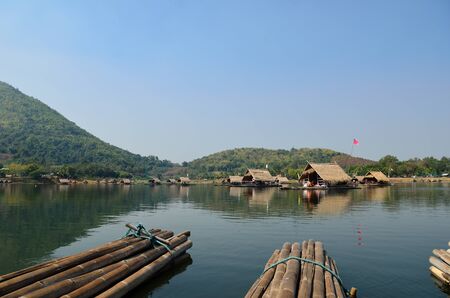 Thai bamboo floating on lake at Loei, Thailandの写真素材