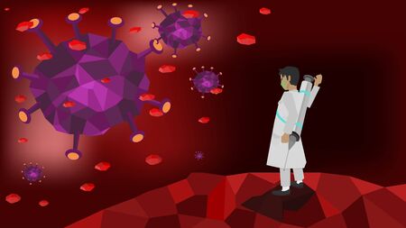 Doctor stands in the face of the corona virus. Back carries a syringe containing a vaccine to fight the evil virus. Background of the human body. with Polygcon style.のイラスト素材