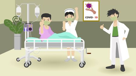The medical team fought against the corona virus. The patients on the bed ready to fight together.のイラスト素材