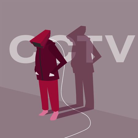 Concept poster of head man is a CCTV camera standing by the wall with shadows stretching out. Complete with CCTV messages. And the selection of red color tones.のイラスト素材