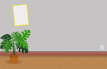 Empty wall decorated with electrical plugs And the picture frame is slanted. With monstera tree in pot. Brown wooden plank flooring.のイラスト素材