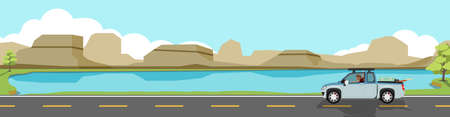 Happy family travels with pickup truck for banner. Carrying a truck for travel.  Asphalt road near the reservoir surrounded by mountains. Copy Space Flat Vector.のイラスト素材