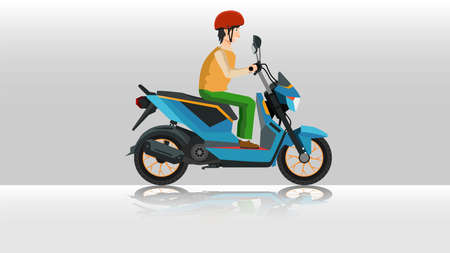 Blue motorcycle with a man in a helmet sitting. with shadow of motocycle on the ground. Vector and Illustrator design.のイラスト素材