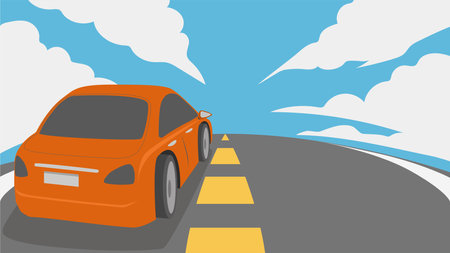 Vector or illustration of Driving of an orange car towards the front on an asphalt road. Motion of road under blue sky and white clouds.のイラスト素材