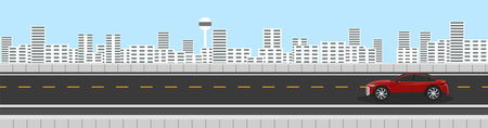 Luxury red car driving on asphalt road. Driving on highway road with a high-rise cityscape in the background under blue sky. Copy Space Flat Vector.のイラスト素材
