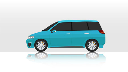 Concept vector illustration of detailed side of a flat van car blue color. with shadow of car on reflected from the ground below. And isolated white background.のイラスト素材