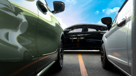Abstract of beside view of two luxury cars parked on asphalt road. Was a black car parked in the...