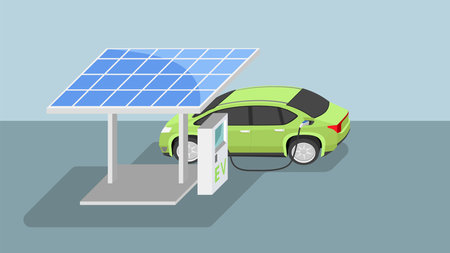 Vector or Illustration of Solar cell technology with EV charger station. Electric Vehicle car replenish energy. Background soft color tone.のイラスト素材