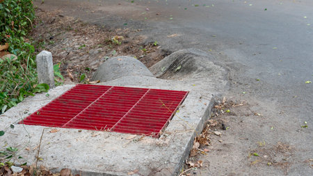 Red iron grate manhole cover. Made from thick steel plates that are strong and connected together. Obstructing the drain from the slope on the side of the road.の写真素材