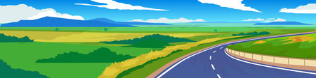 Copy Space Flat Vector Illustration. of curved asphalt road path and environment of wide open fields of green. Two side flowers. Green plains and low mountains.  Under blue sky andのイラスト素材