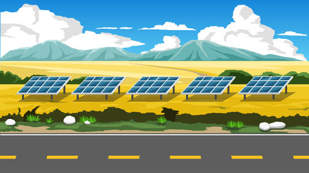 Horizontal view of asphalt road cuts through a vast field of yellow flowers. Solar panels lined up on the open area receive sunlight. Background of mountain under blue sky and whitのイラスト素材
