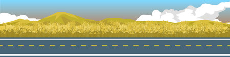 Cartoon transport asphalt road for banner. Besid of road with wheat field gold color.  Mountain and blue sky with white clouds. Copy Space Flat Vector.のイラスト素材