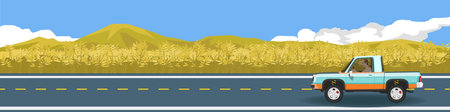 Farmland and pickup trucks for banner. Car pickup truck for travel with old man driving. Besid of road with wheat field gold color. Mountain and blue sky with white clouds. Copy Spのイラスト素材