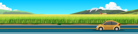 Transport of mini car travel for banner. Mini car orange color driving on asphalt road.  Beside of road with green grass.  Mountain and blue sky with white clouds. Copy Space Flatのイラスト素材