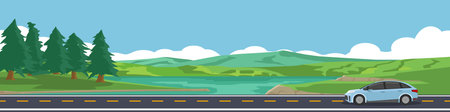 Cartoon travel car for banner. Car sedan for travel.  Asphalt road near field of river and mountain under clear sky for winter travel. Copy Space Flat Vector.のイラスト素材
