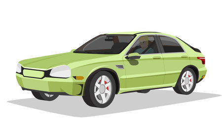 Concept vector illustration of detailed perspective view of a flat green car. Driver mand drive car. With shadow of car. Can view interior of car. Isolated white background.のイラスト素材