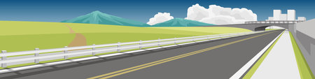 Vector or Illustration of landscape straight asphalt road cuts through wide open fields of green grass. Fences and walkways side of the road. Bridge crossing in front. Big city farのイラスト素材