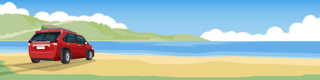 SUV red car parking lot on the beach for banner. Family car for travel. Park at the beach to admire the scenery. On the roof there is a luggage rack and surfboard. Copy Space Flatのイラスト素材
