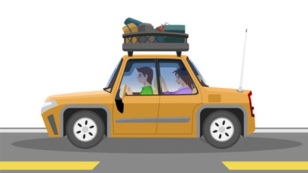 Obect vector or illustration of family trip on sedan car orange color. Driving on man with female passenger sit in the back. Cars have racks to carry luggage and other things for lのイラスト素材