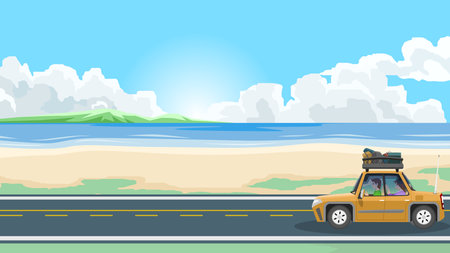 Family sedan with rack and full luggage. Families couples drive on smooth asphalt roads beside beaches and the vast sea. In the background there are pigs perched under clouds and aのイラスト素材