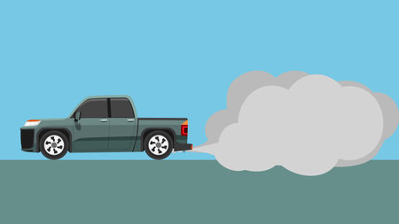Vector or Illustration of pickup cartoon car passes by emitting pollution fumes or smoke from the exhaust pipe. Empty space for text in the smoke.のイラスト素材