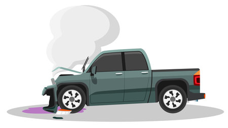 Cartoon accident of pickup car. Bonnet was opened and the front was severely damaged. With smoke coming out from engine the front. There was oil spilling out below.のイラスト素材