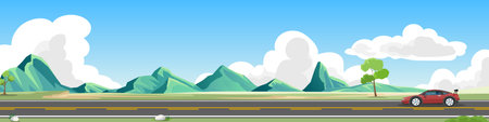 Travels of sport car with driving rae for banner. Asphalt road near the meadow with spring tree and complex mountain ranges. Under clear sky and white clouds. Copy Space Flat Vectoのイラスト素材