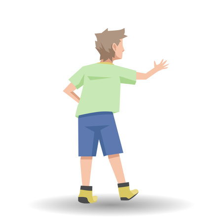 Vector or Illustrator of boy back view. Open your hand and wave with your right hand. looking forward. With shadow on isolated white background.のイラスト素材