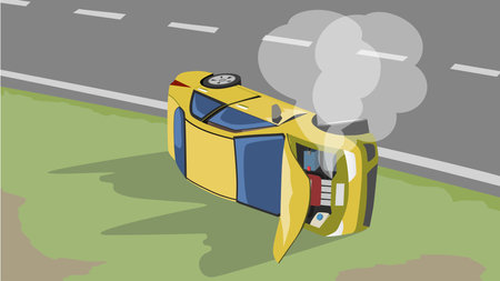 Cartoon Vector or illustration of damage car. Sedan car yellow color turned over on its side and was on the side of the road. Car broke off on the side of the road.のイラスト素材