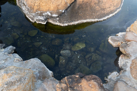 Above view of stone and water. Hot springs with green minerals under the water. At Chae Son National...