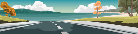 Vector or Illustrator of landscape view of empty asphalt road. Wide open field the road leading down to the vast beach. Background of sea beach and island under blue sky and whiteのイラスト素材