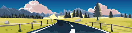 Copy Space Flat Vector Illustration. of curved asphalt road. Two side wooden fence and wide open fields and low mountains.  Under blue sky and white pink clouds.のイラスト素材