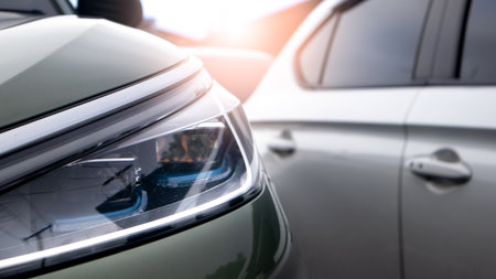 Close up view of modern car headlight with sunbeams. Traffic jam on the road under of light sky....