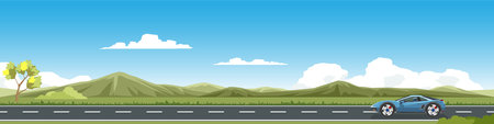 Travels of sport car with driving for banner. Asphalt road near the meadow with green hills under clear sky. Tree growing alone in the corner. Copy Space Flat Vector.のイラスト素材