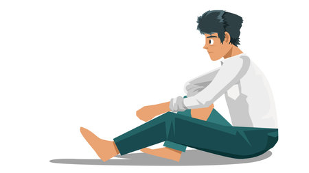 Young businessman in casual clothes sitting on the floor with shadows cast on it. Sit down and think about something. Having some time to yourself in your free time.のイラスト素材