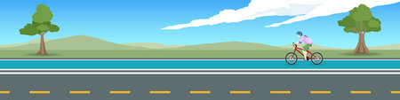Travels of ride a bike tour with a male cyclist in a casual dance outfit for banner. Asphalt road with bike lens blue color. Background of green meadow and tree under hills and bluのイラスト素材