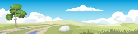 Flooded dirt road on a hillside. Wide open green grasslands and alternating mountain ranges. Tree growing alone on the side of the road. Under blue sky and white clouds.のイラスト素材