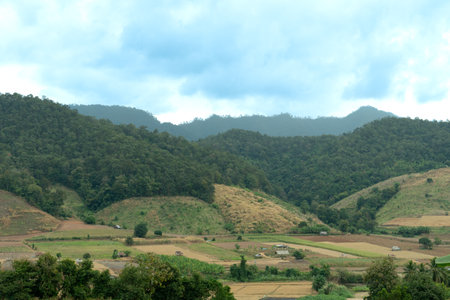 landscape of rolling green hills and valleys under a bright blue sky with scattered white clouds....