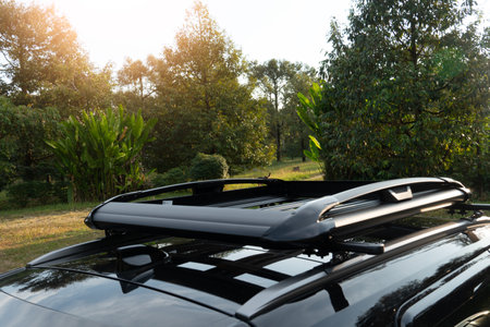 Roof on top of a black car is equipped with a luggage rack for traveling. Background of green grass...